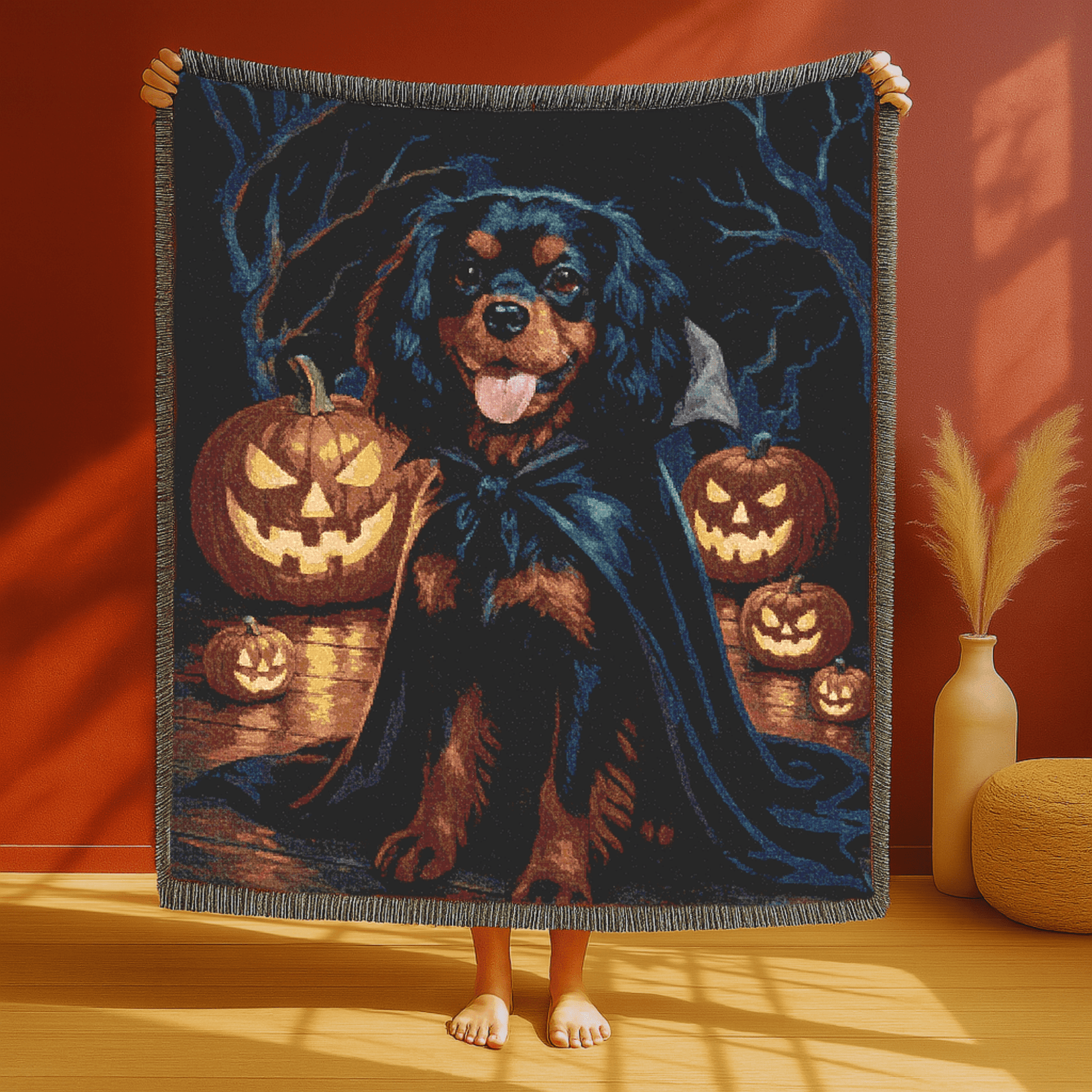 Black Tan Cavalier King Charles Halloween Woven Blanket