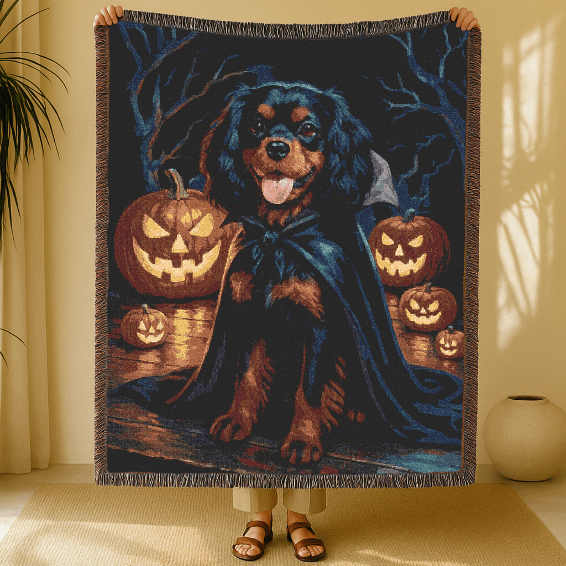 Black Tan Cavalier King Charles Halloween Woven Blanket