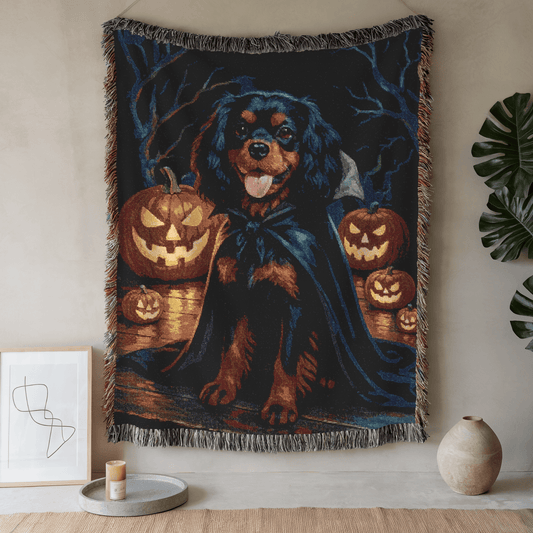 Printify Blanket 52'' × 37'' Black Tan Cavalier King Charles Halloween Woven Blanket