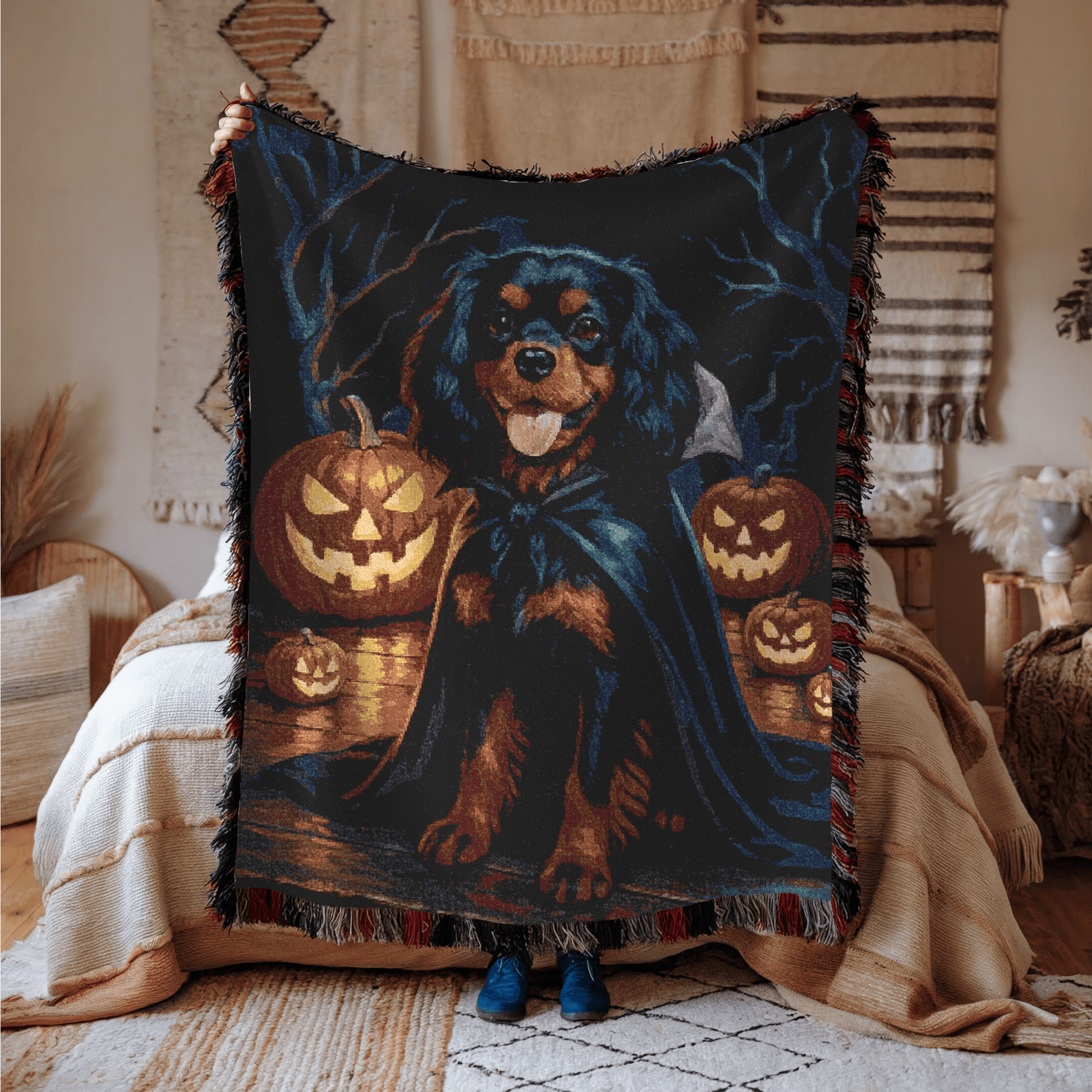 Black Tan Cavalier King Charles Halloween Woven Blanket