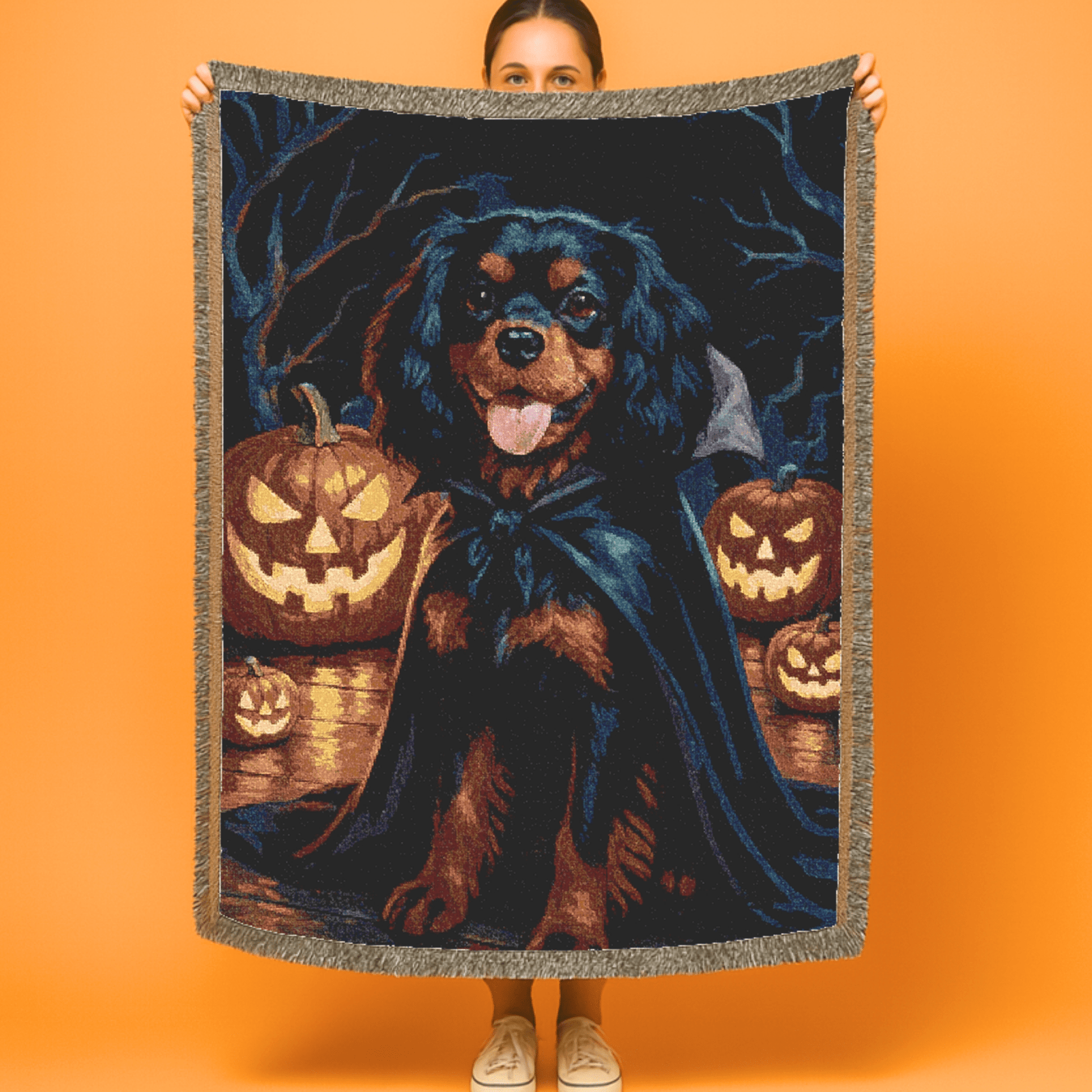 Black Tan Cavalier King Charles Halloween Woven Blanket