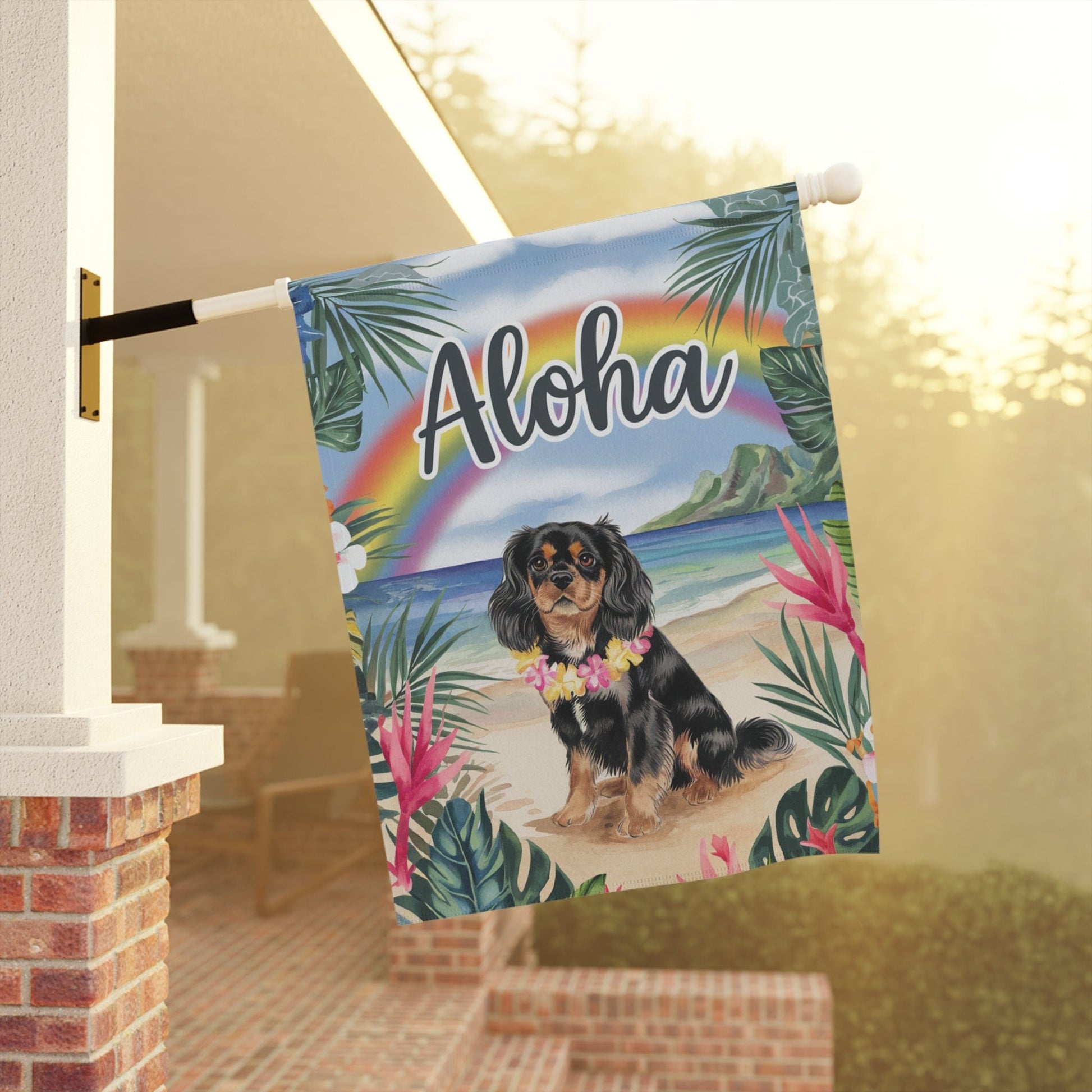 Printify Garden Flag Black Tan Cavalier King Charles Hawaii Garden Flag