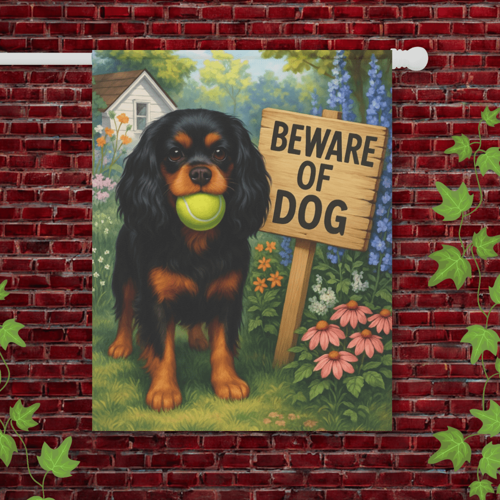 Printify Garden Flag 24.5'' × 32'' Black Tan Cavalier King Charles Spaniel Beware Garden Flag