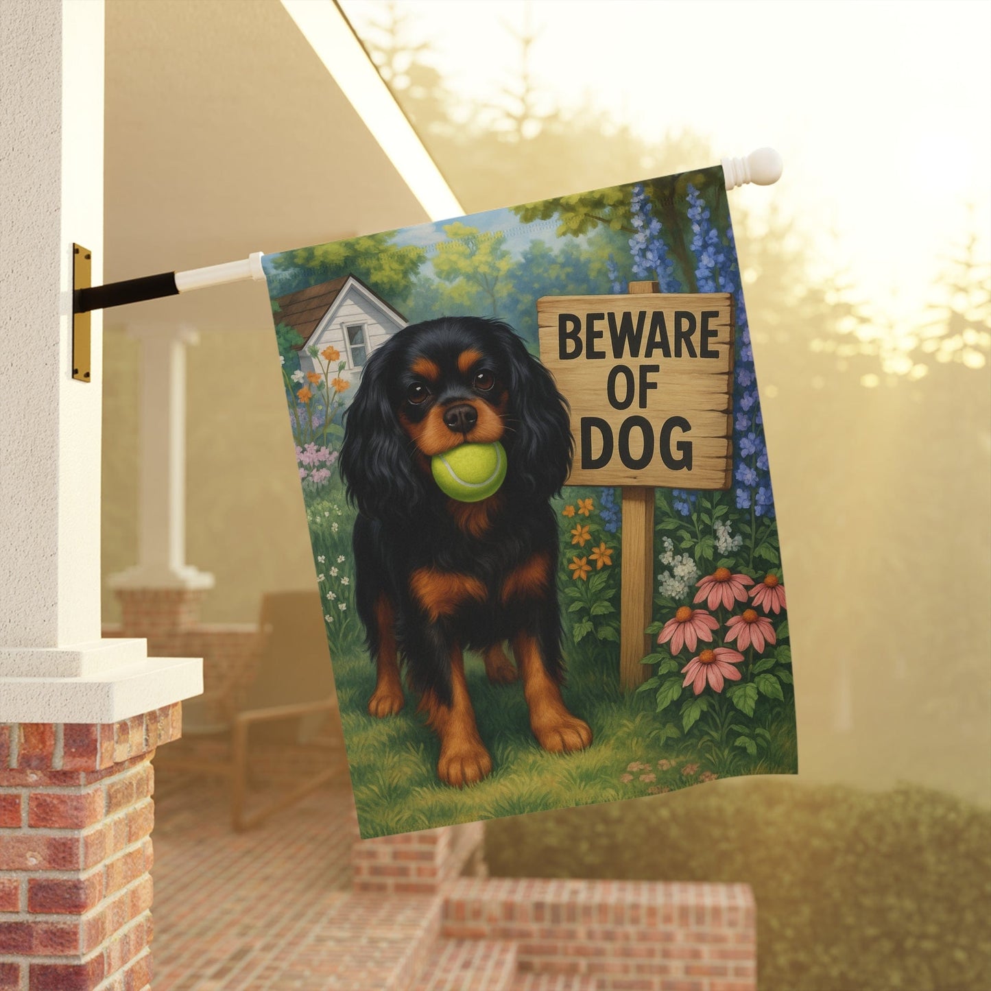Printify Garden Flag Black Tan Cavalier King Charles Spaniel Beware Garden Flag