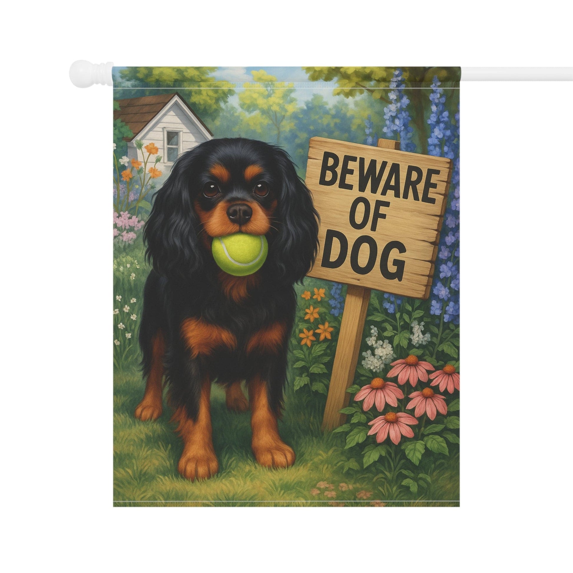 Printify Garden Flag Black Tan Cavalier King Charles Spaniel Beware Garden Flag