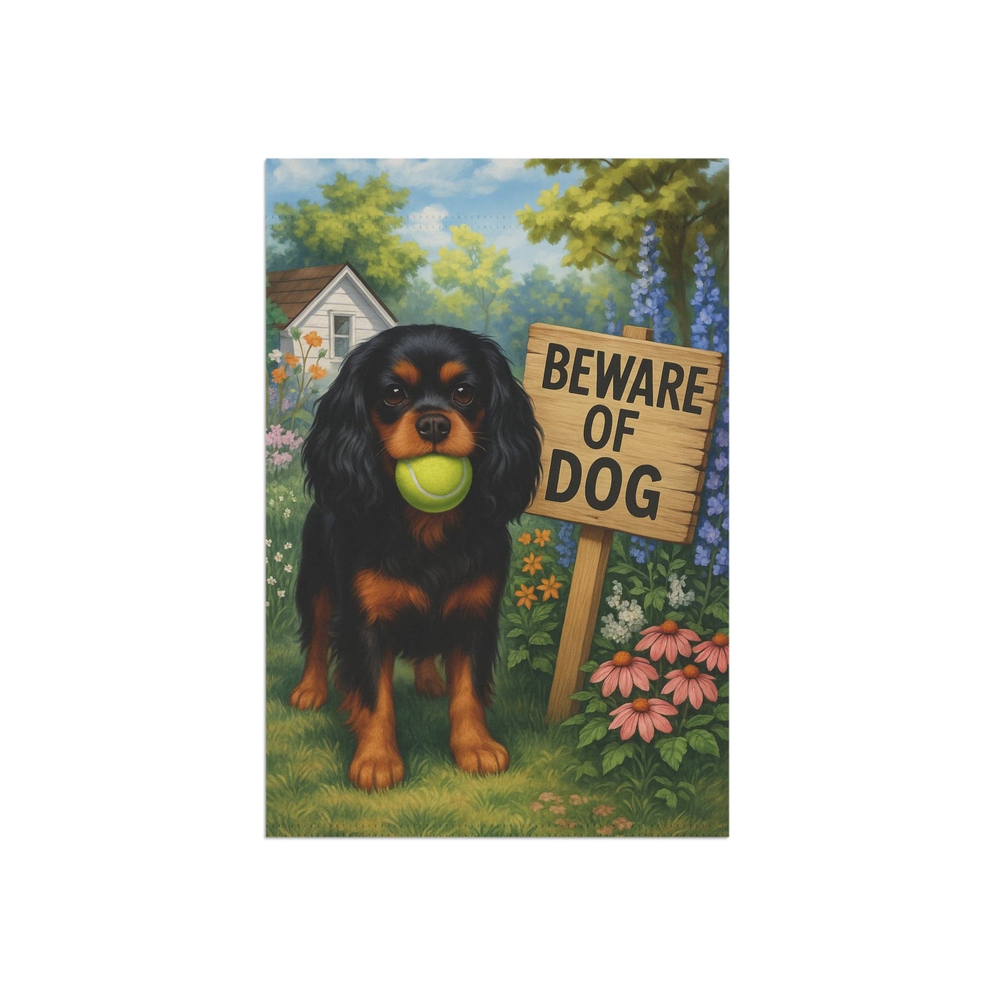 Printify Garden Flag Black Tan Cavalier King Charles Spaniel Beware Garden Flag