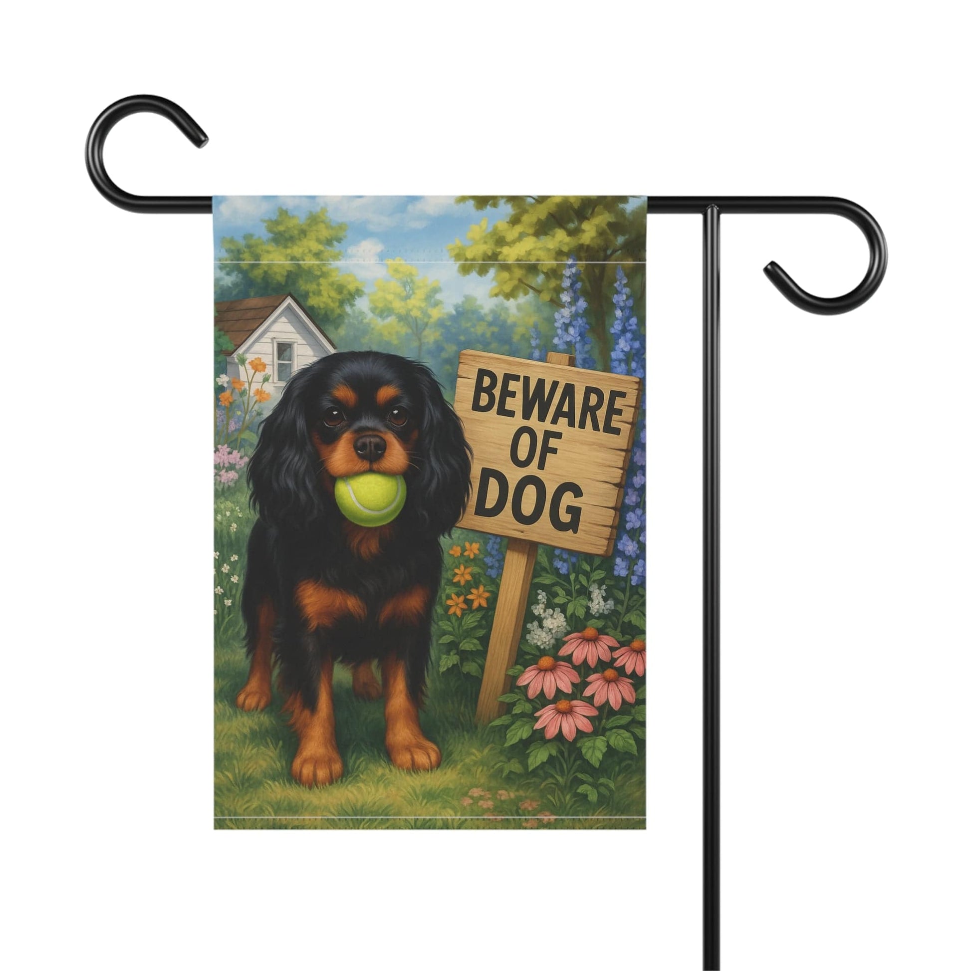 Printify Garden Flag Black Tan Cavalier King Charles Spaniel Beware Garden Flag