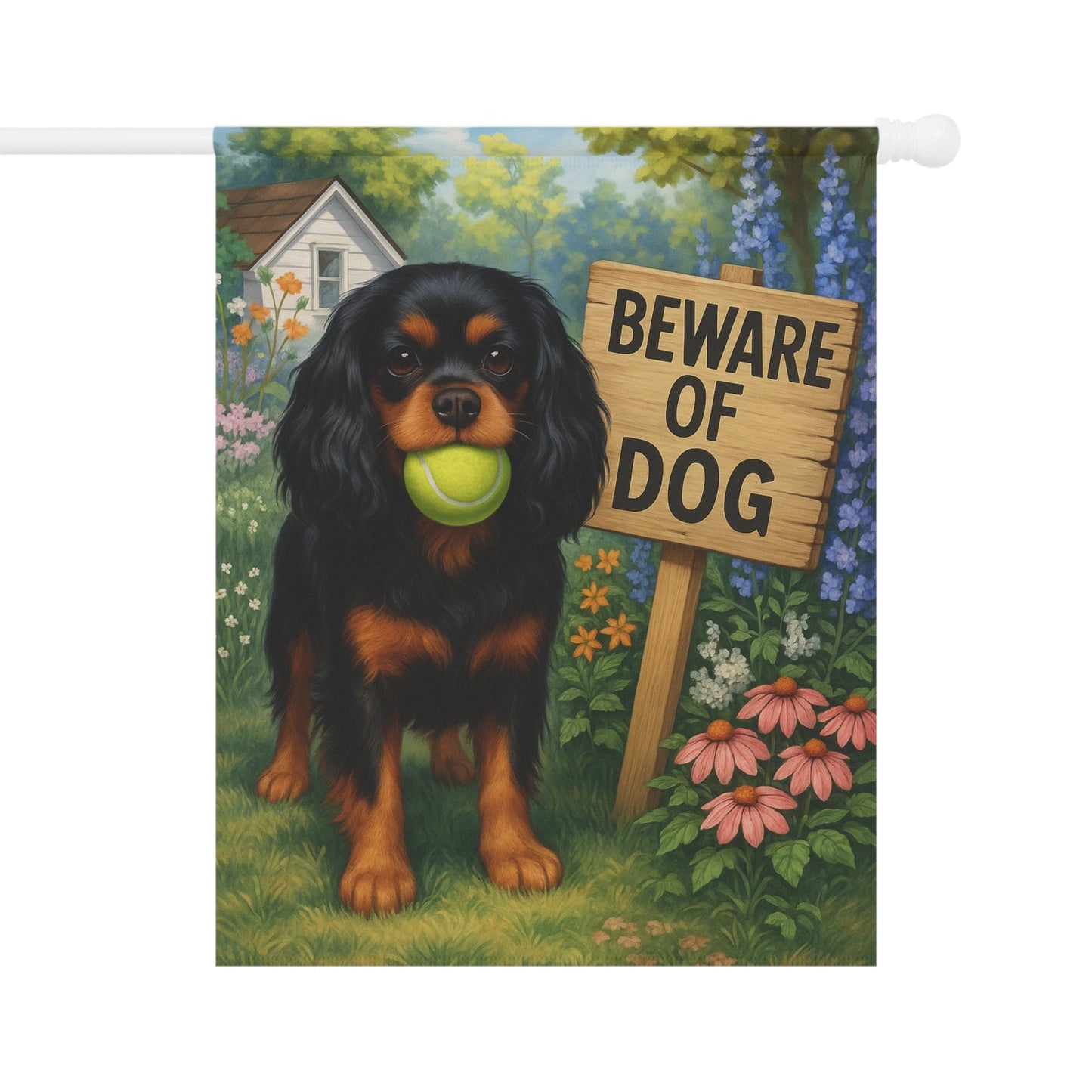 Printify Garden Flag Black Tan Cavalier King Charles Spaniel Beware Garden Flag