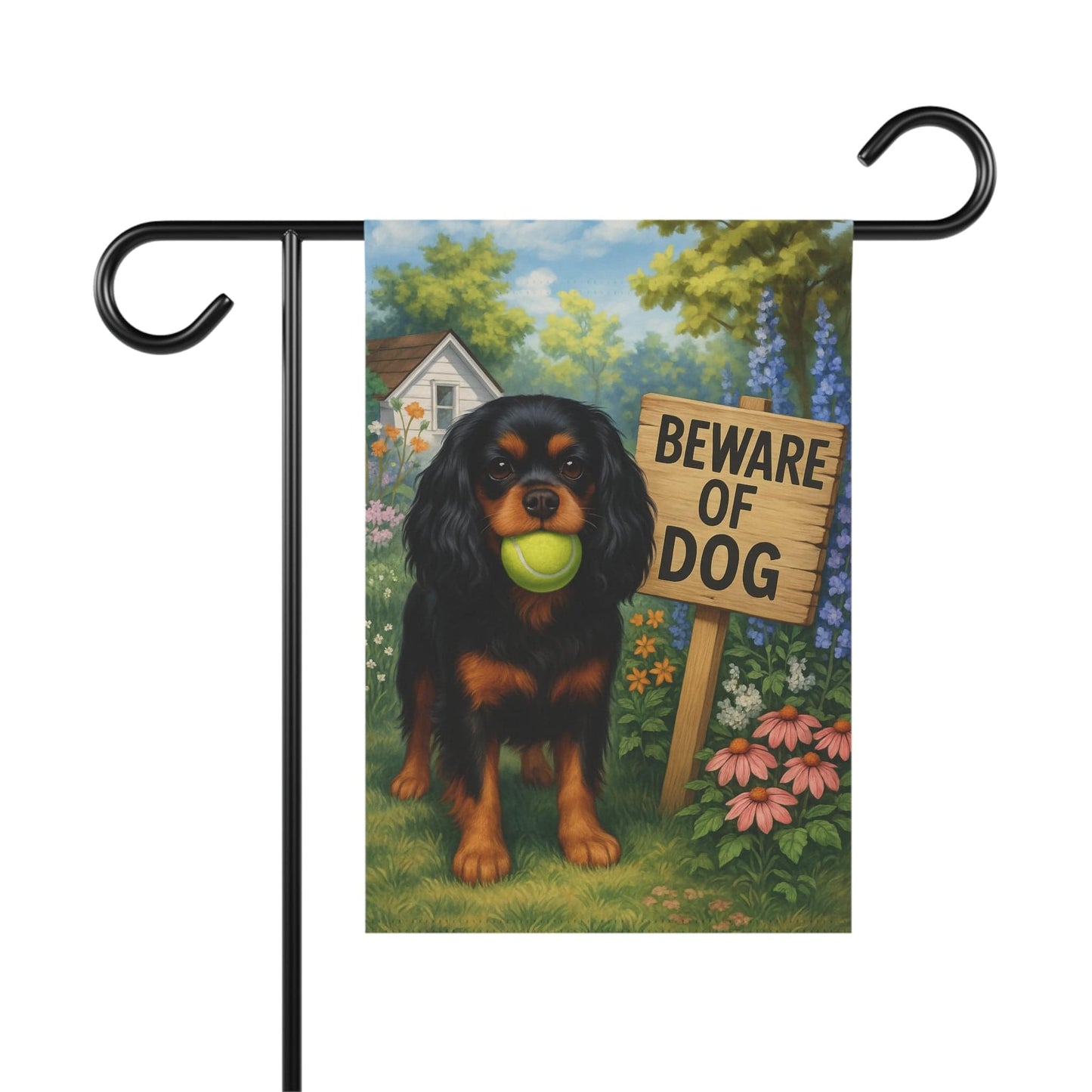 Printify Garden Flag Black Tan Cavalier King Charles Spaniel Beware Garden Flag
