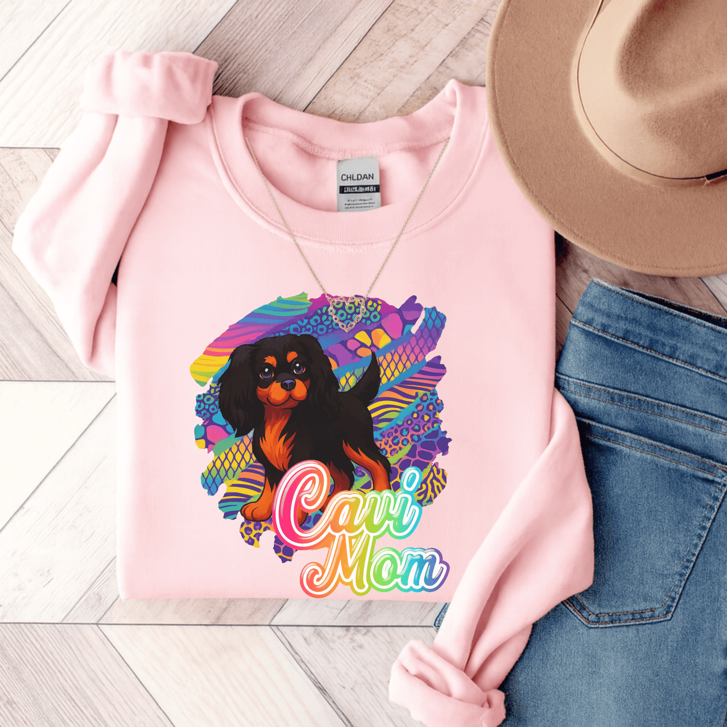 Black & Tan Cavalier Neon Sweatshirt Light Pink