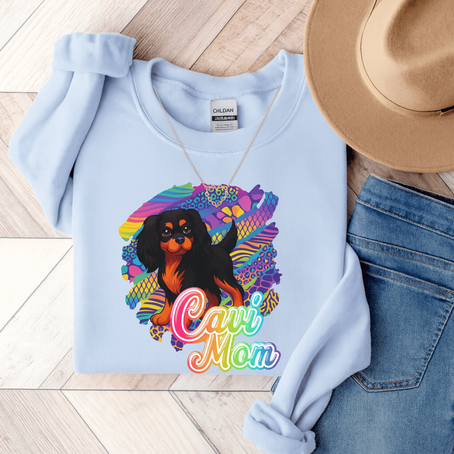Black & Tan Cavalier Neon Sweatshirt Light Blue