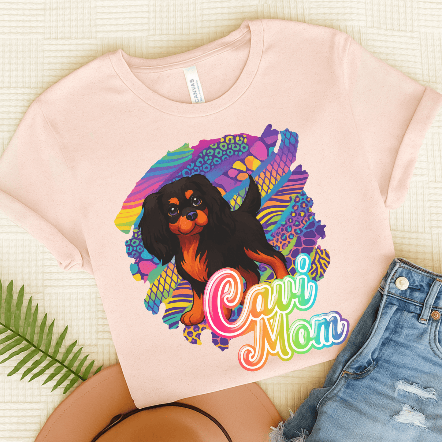 Black & Tan Cavalier Neon Tshirt Soft Pink