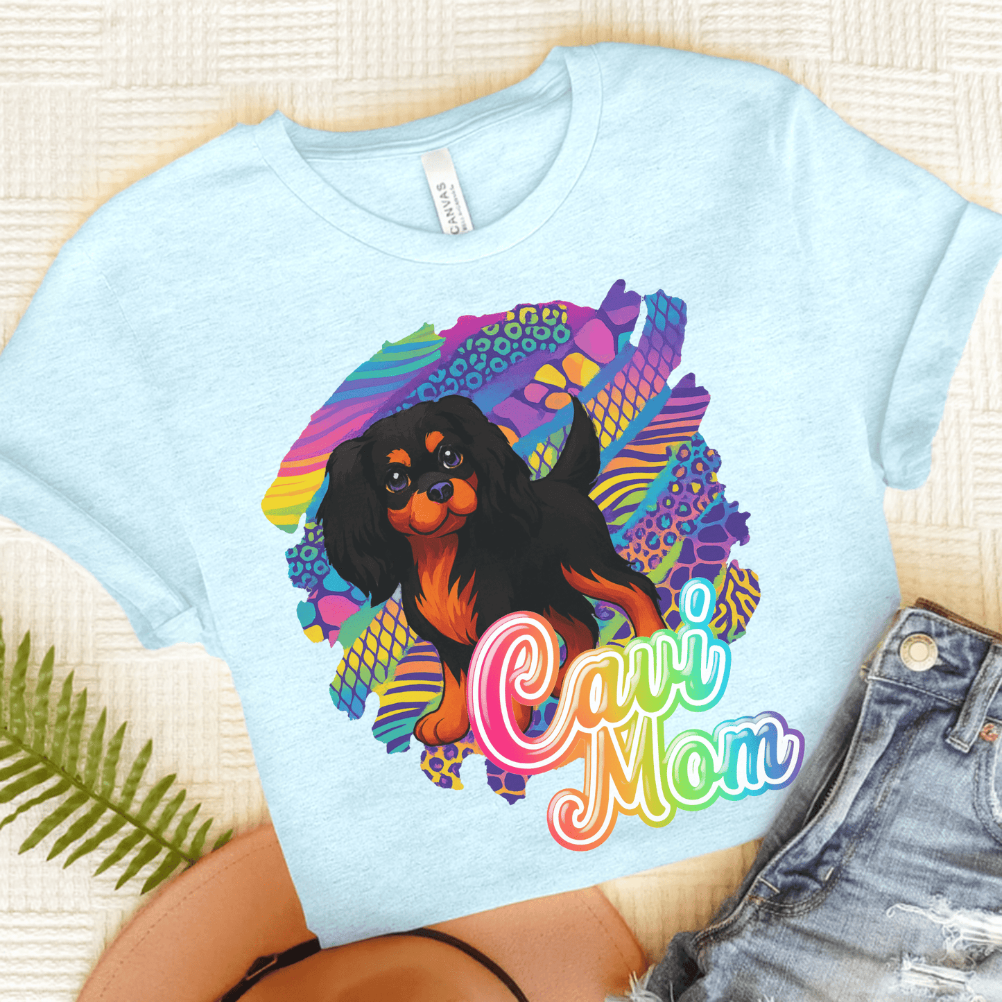 Black & Tan Cavalier Neon Tshirt Heather Ice Blue