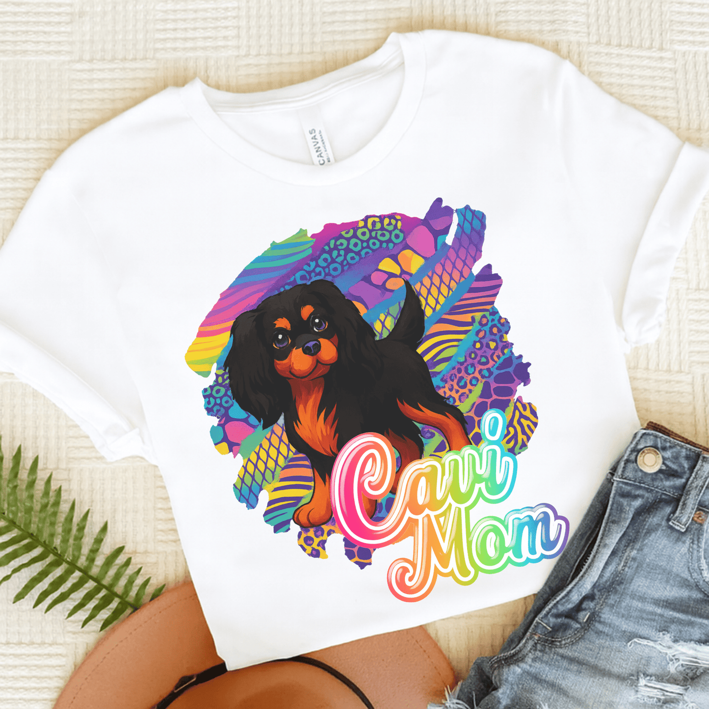 Black & Tan Cavalier Neon Tshirt White