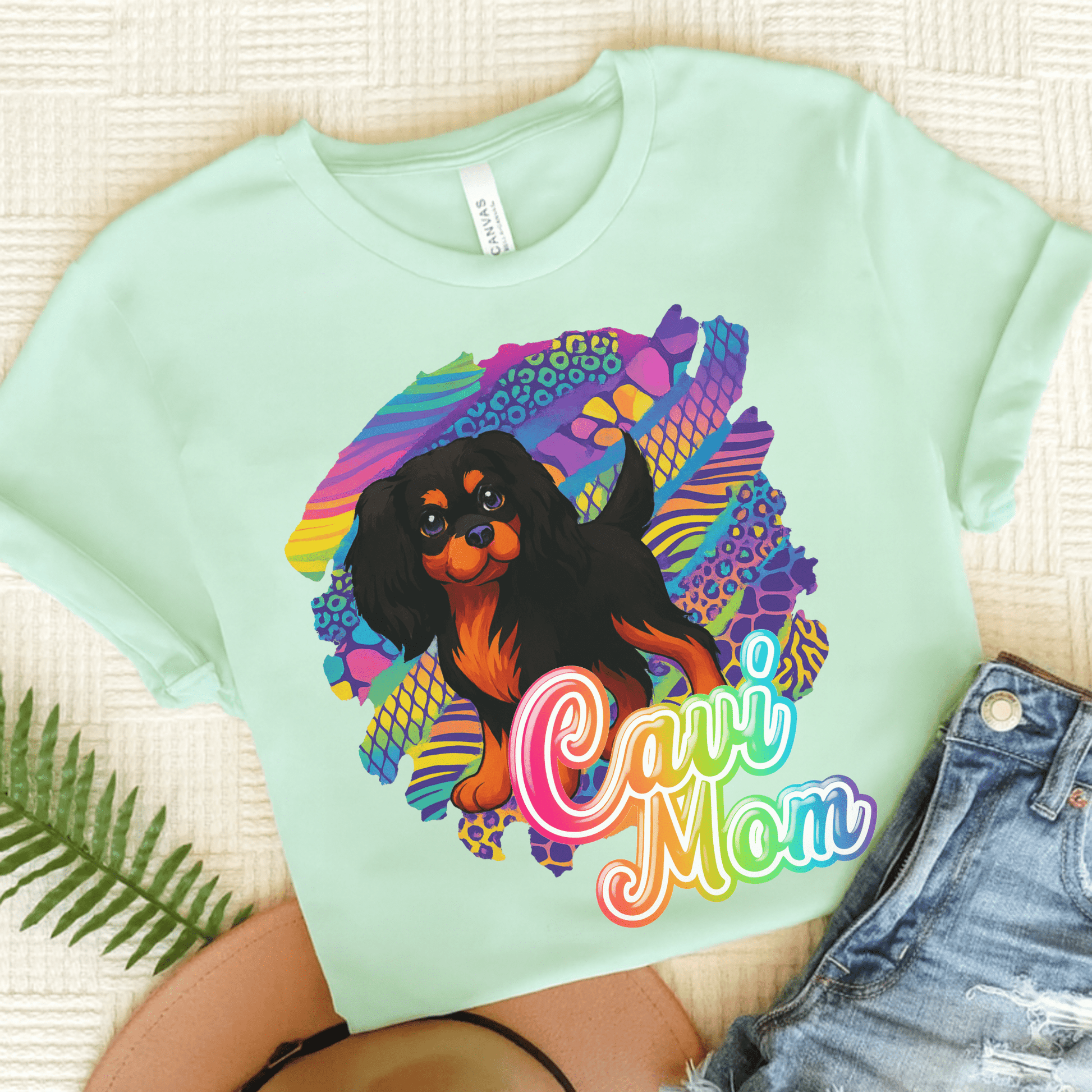 Black & Tan Cavalier Neon Tshirt Heather Mint