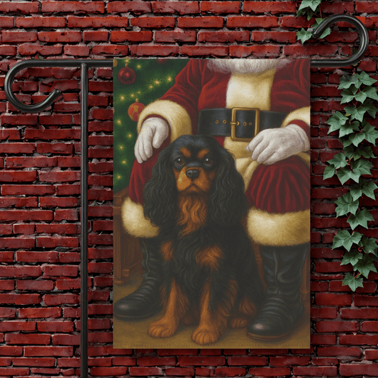 Black Tan Cavalier Santa Clause Garden Flag 12'' × 18''