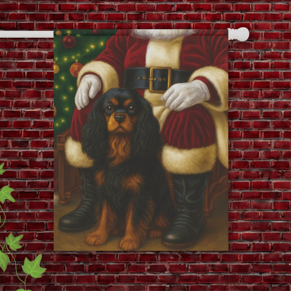 Black Tan Cavalier Santa Clause Garden Flag 24.5'' × 32''