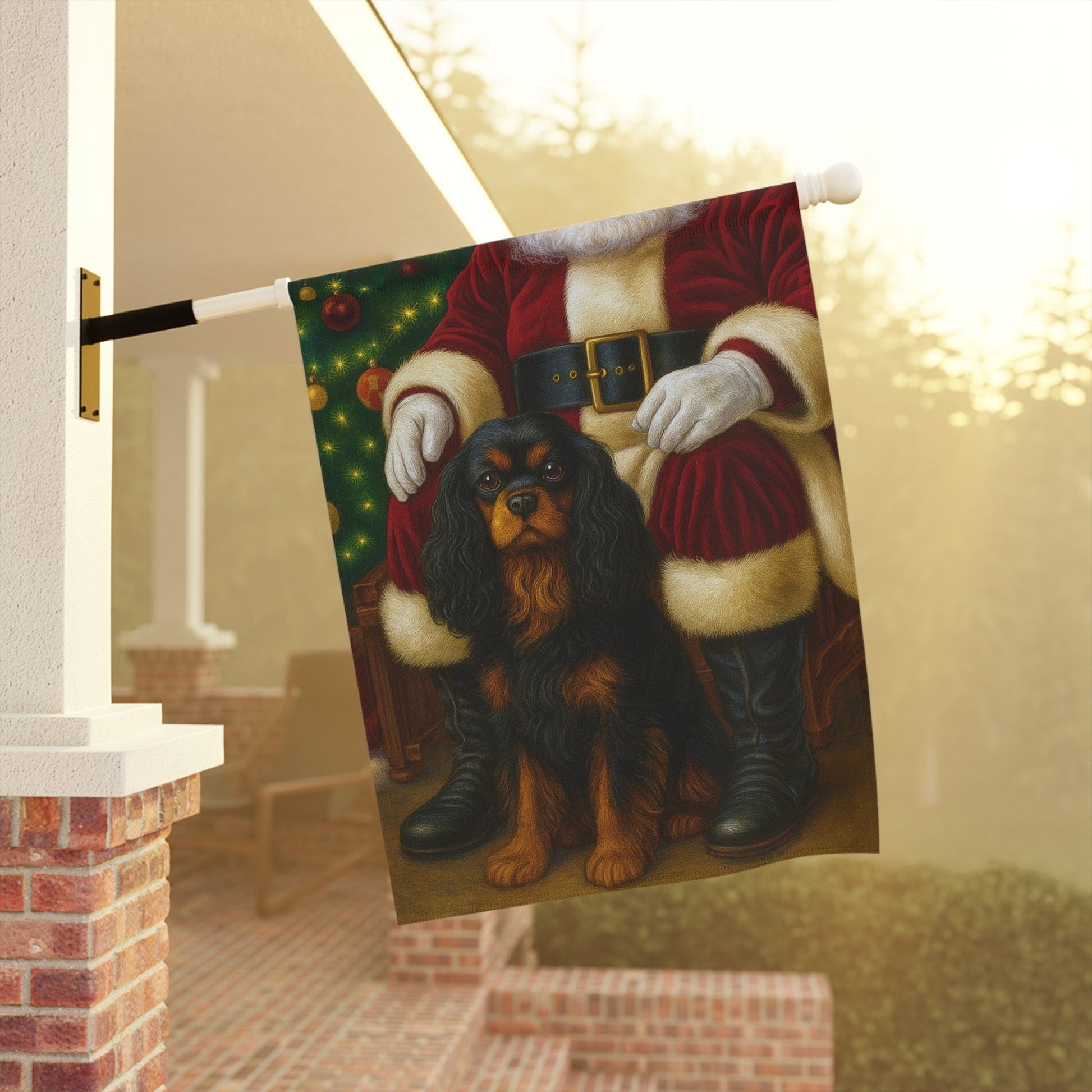 Black Tan Cavalier Santa Clause Garden Flag