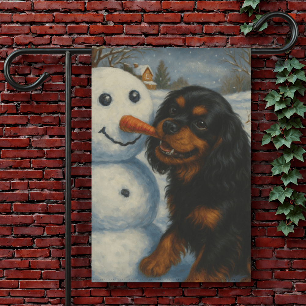 Black Tan Cavalier Snowman Garden Flag 12'' × 18''