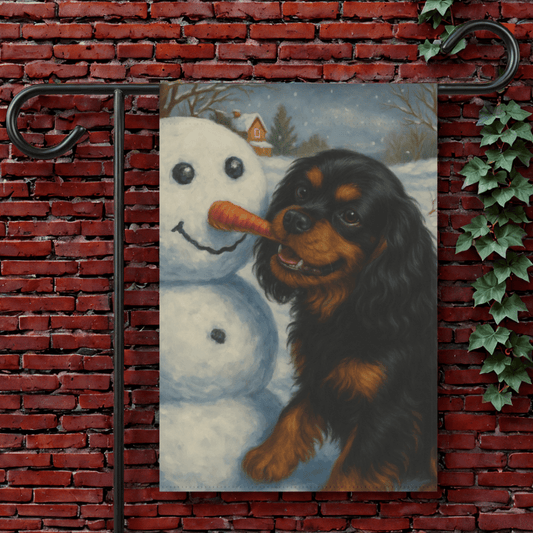 Black Tan Cavalier Snowman Garden Flag 12'' × 18''