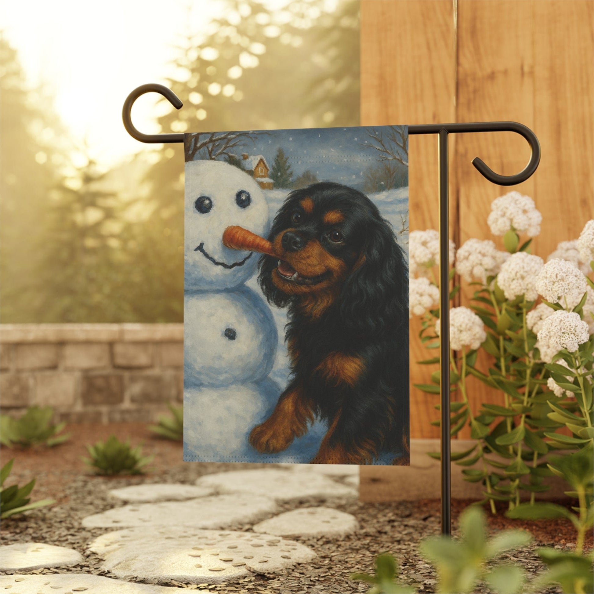 Black Tan Cavalier Snowman Garden Flag
