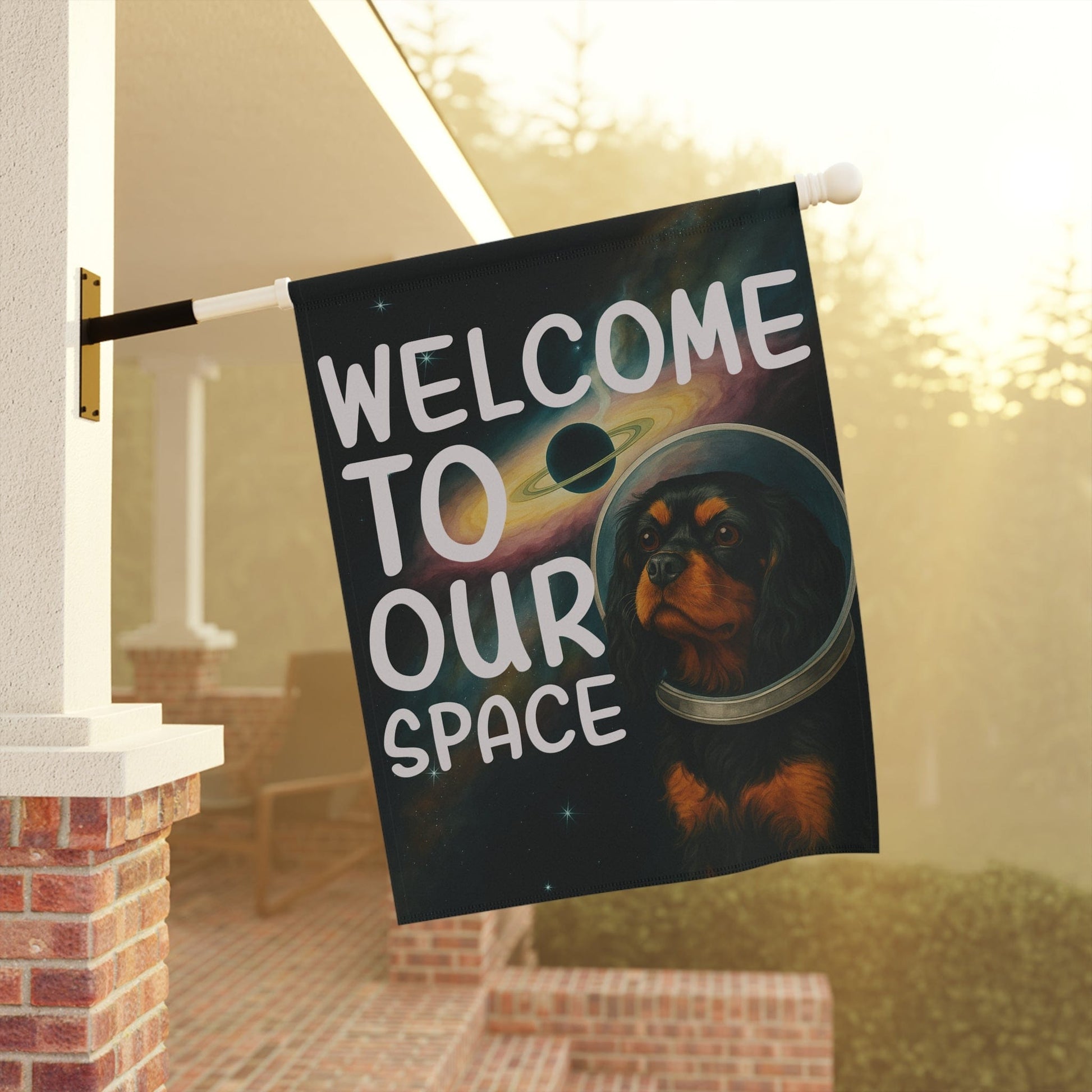 Black Tan Cavalier Space Garden Flag