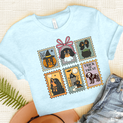 Black Tan Cavalier Spooky Stamps TShirt Heather Ice Blue