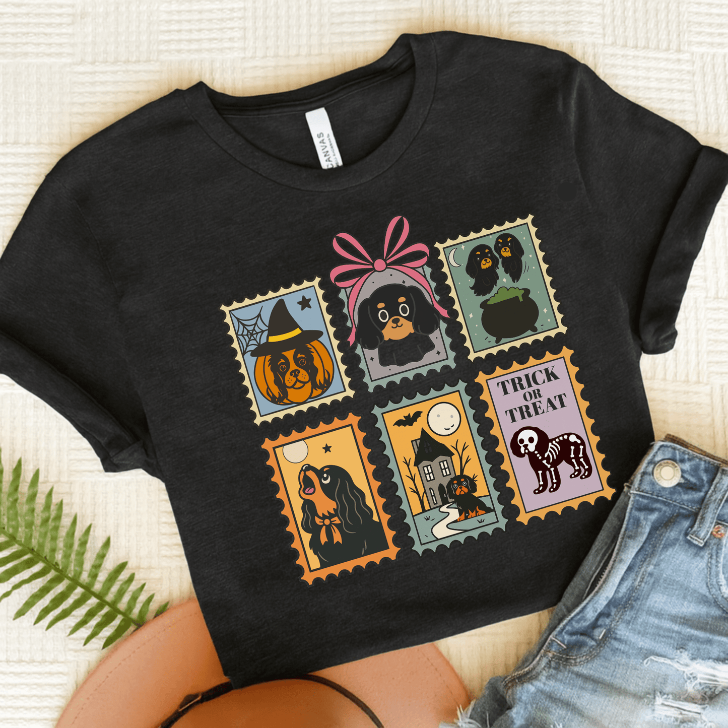 Black Tan Cavalier Spooky Stamps TShirt Black Heather