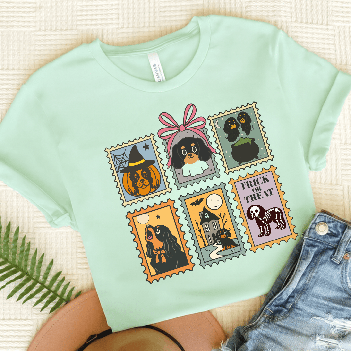 Black Tan Cavalier Spooky Stamps TShirt Heather Mint