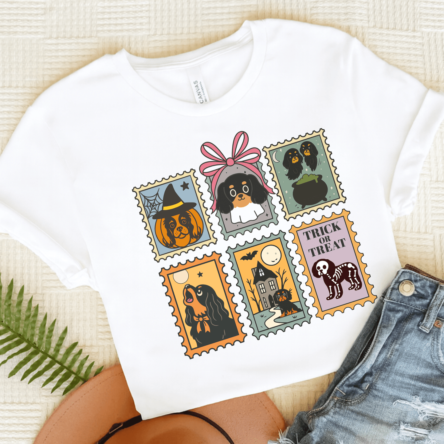 Black Tan Cavalier Spooky Stamps TShirt White