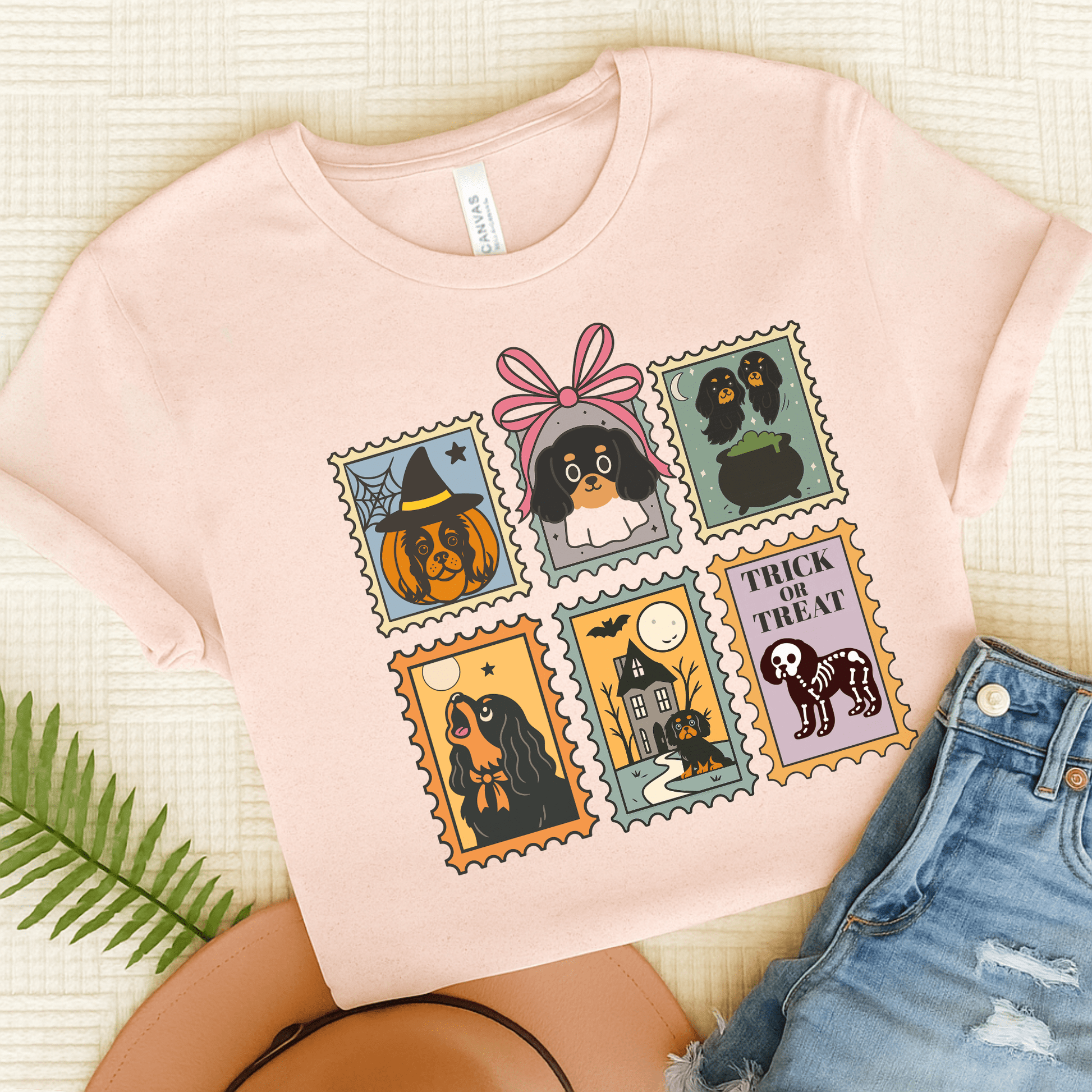 Black Tan Cavalier Spooky Stamps TShirt Soft Pink