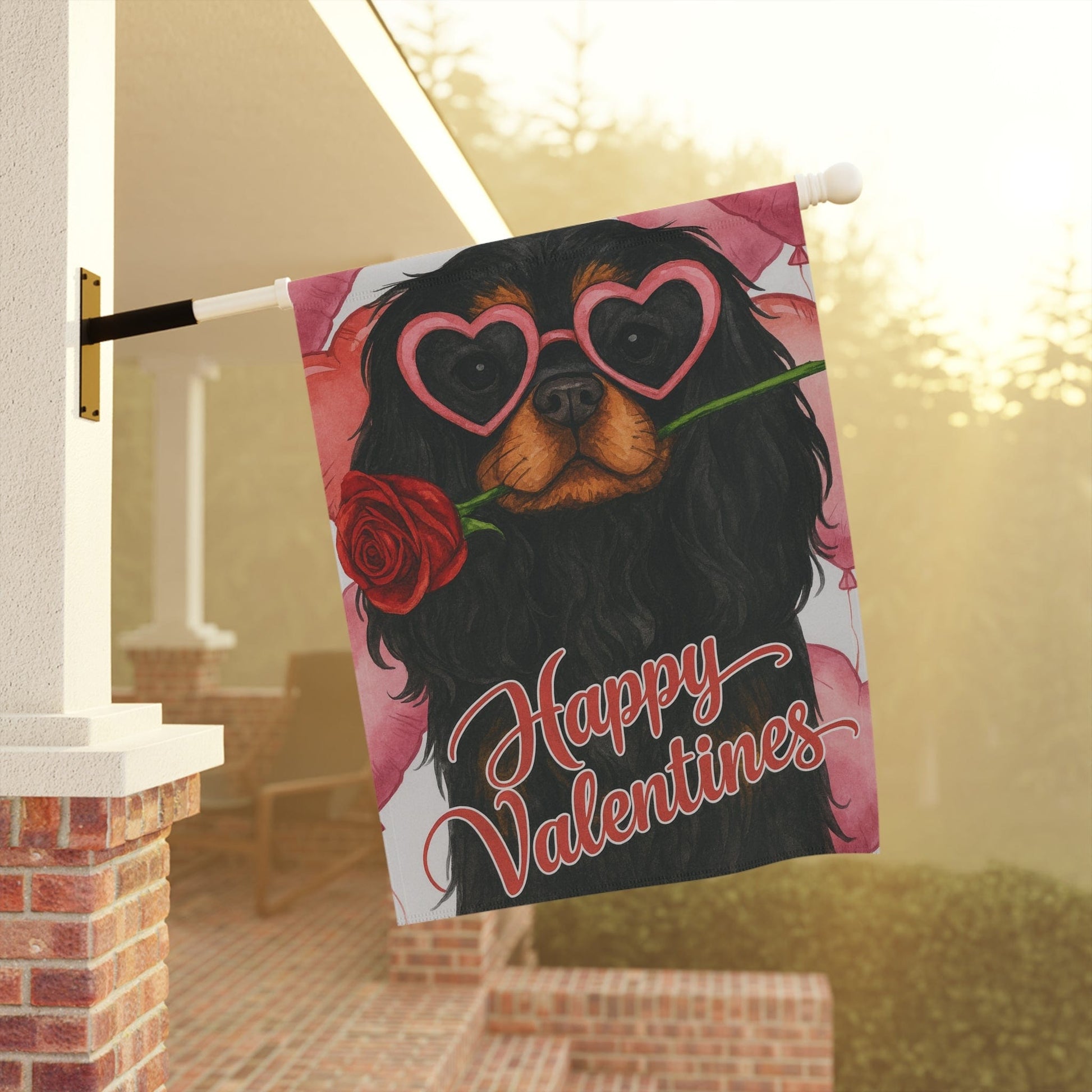 Black Tan Cavalier Valentines Day Garden Flag