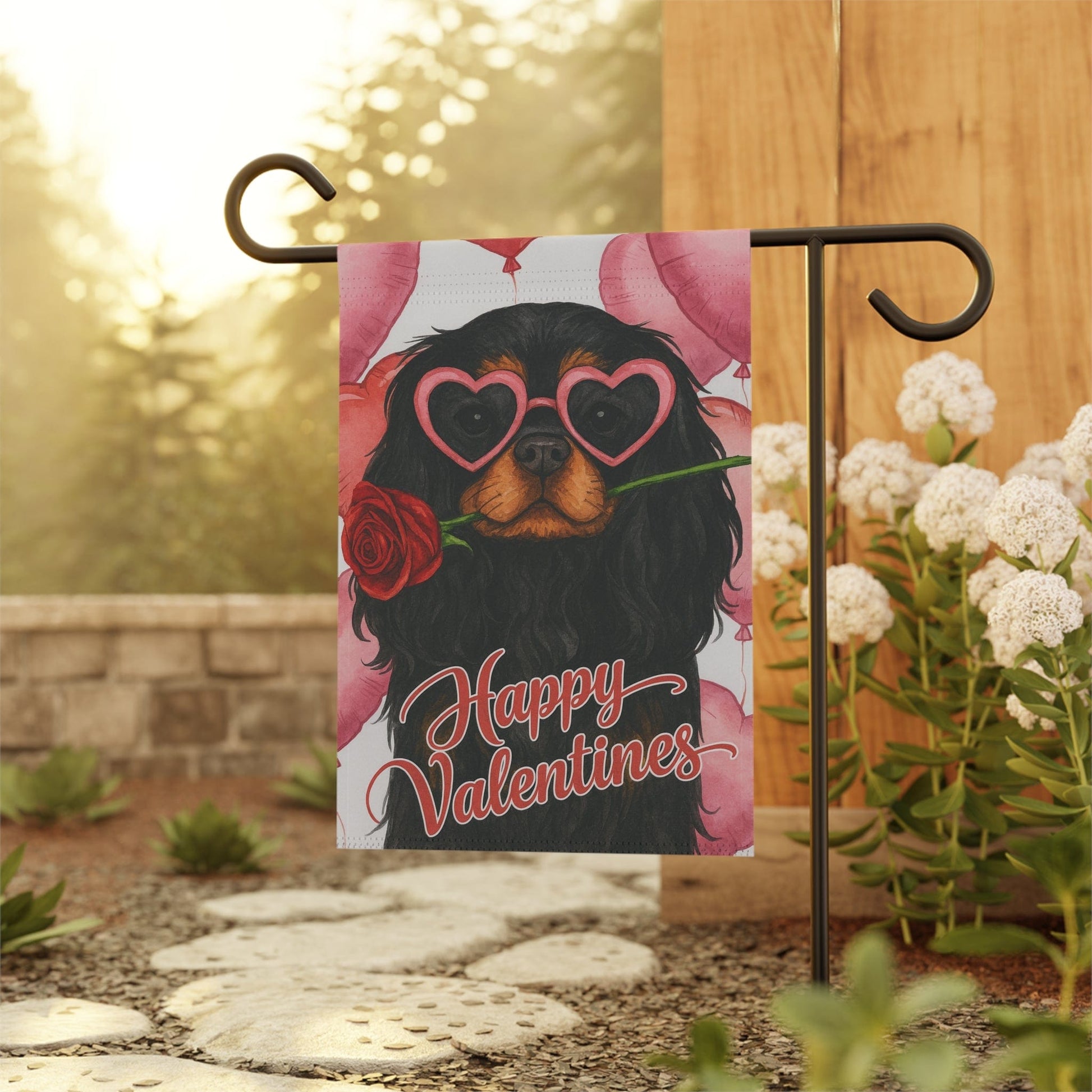 Black Tan Cavalier Valentines Day Garden Flag