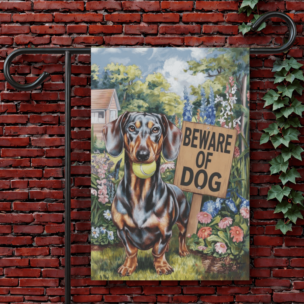 Black Tan Dachshund Beware Garden Flag 12'' × 18''