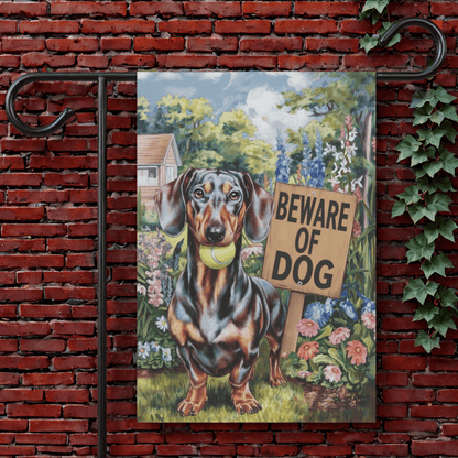 Black Tan Dachshund Beware Garden Flag 12'' × 18''