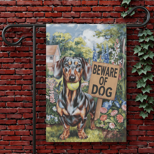 Black Tan Dachshund Beware Garden Flag 12'' × 18''