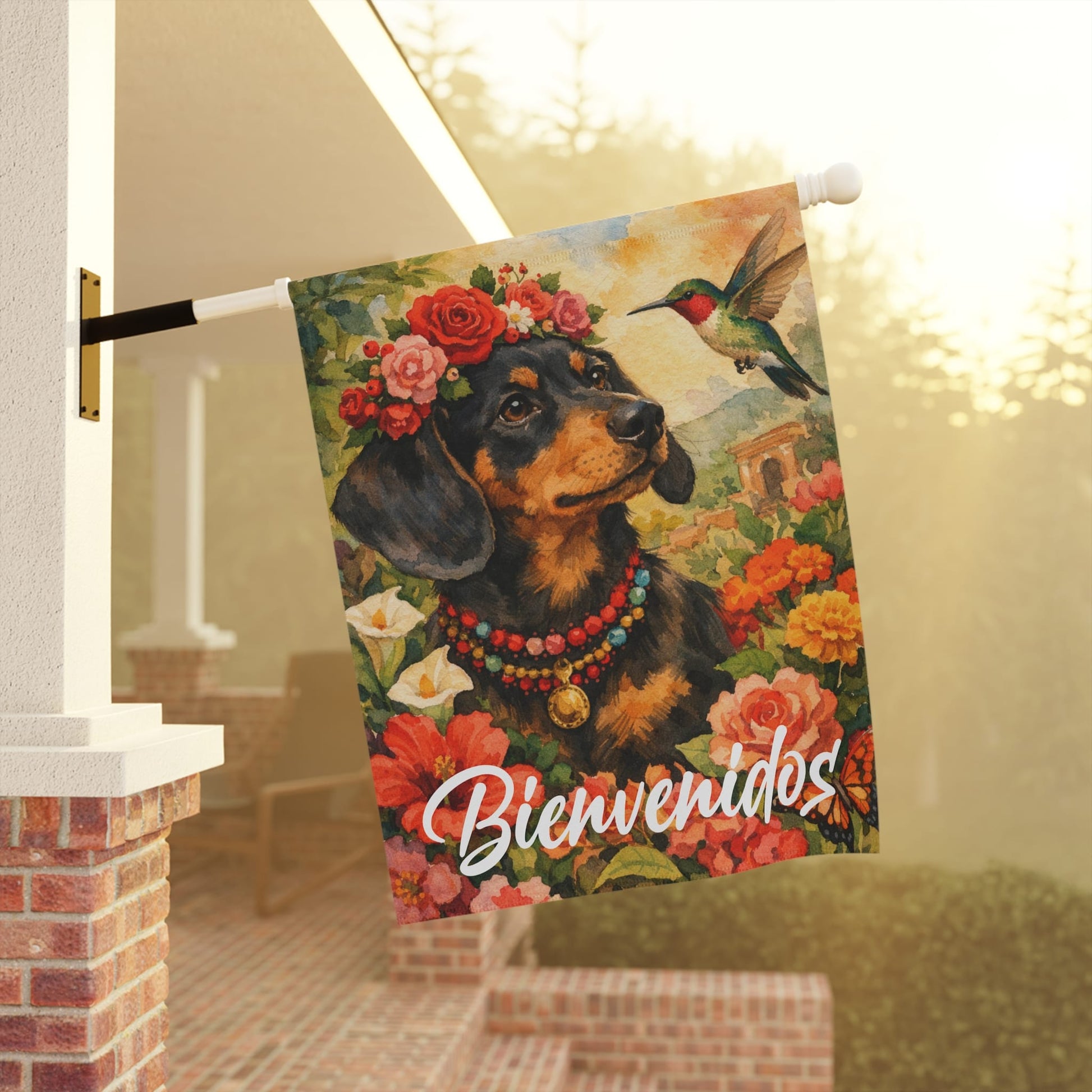 Black Tan Dachshund Bienvenidos Spanish Garden Flag