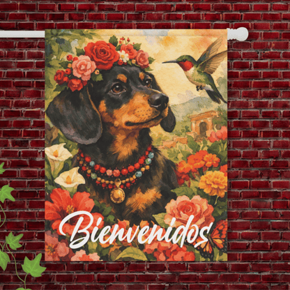 Black Tan Dachshund Bienvenidos Spanish Garden Flag 24.5'' × 32''