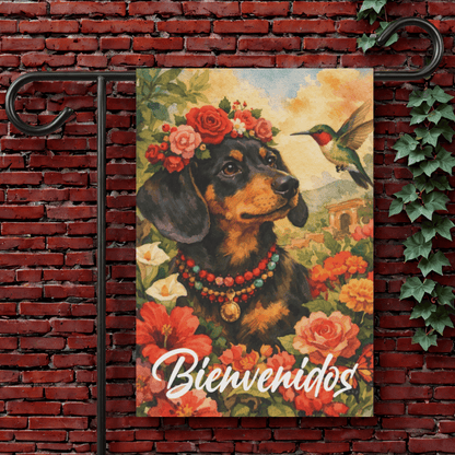 Black Tan Dachshund Bienvenidos Spanish Garden Flag 12'' × 18''