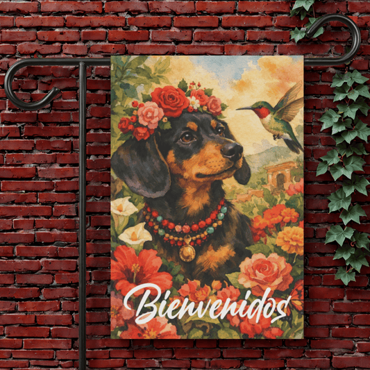 Black Tan Dachshund Bienvenidos Spanish Garden Flag 12'' × 18''