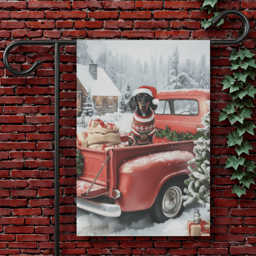 Black Tan Dachshund Dog Red Truck Christmas Garden Flag 12'' × 18''