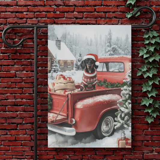 Black Tan Dachshund Dog Red Truck Christmas Garden Flag 12'' × 18''