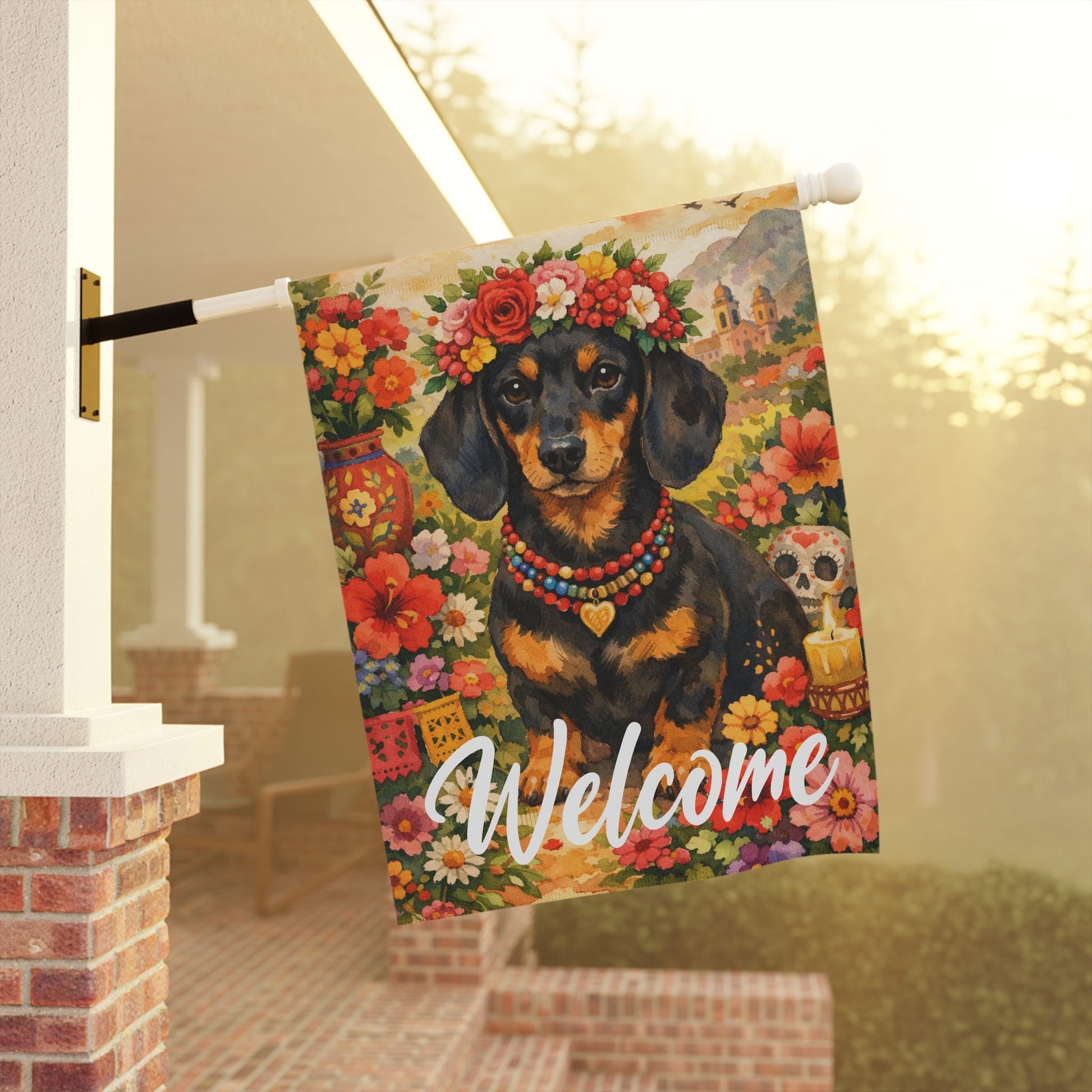 Black Tan Dachshund Welcome Hummingbird Garden Flag