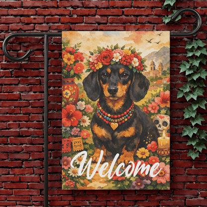 Black Tan Dachshund Welcome Hummingbird Garden Flag 12'' × 18''