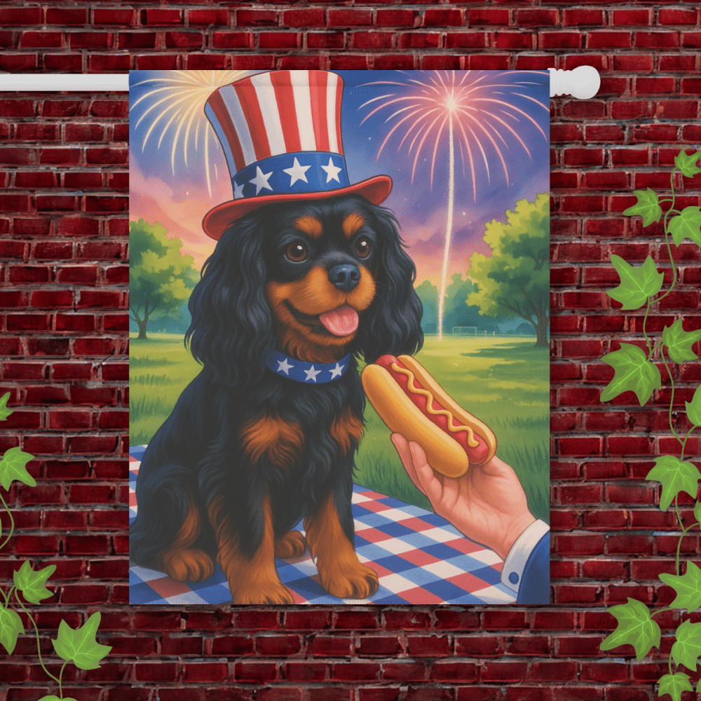Printify Garden Flag 24.5'' × 32'' Black Tan King Charles Cavalier 4th of July Garden Flag