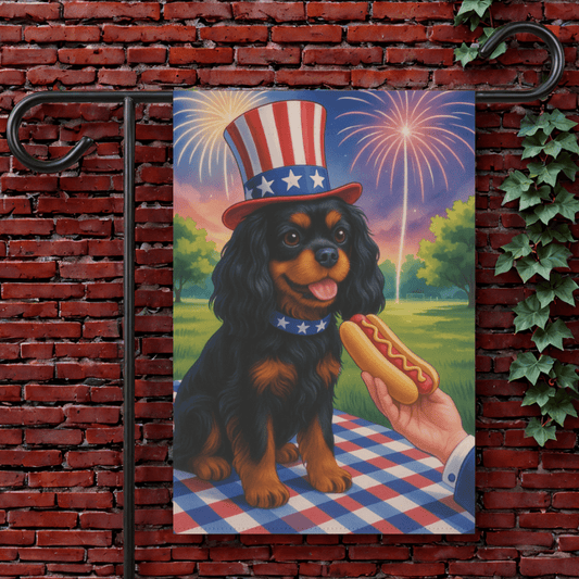 Printify Garden Flag 12'' × 18'' Black Tan King Charles Cavalier 4th of July Garden Flag