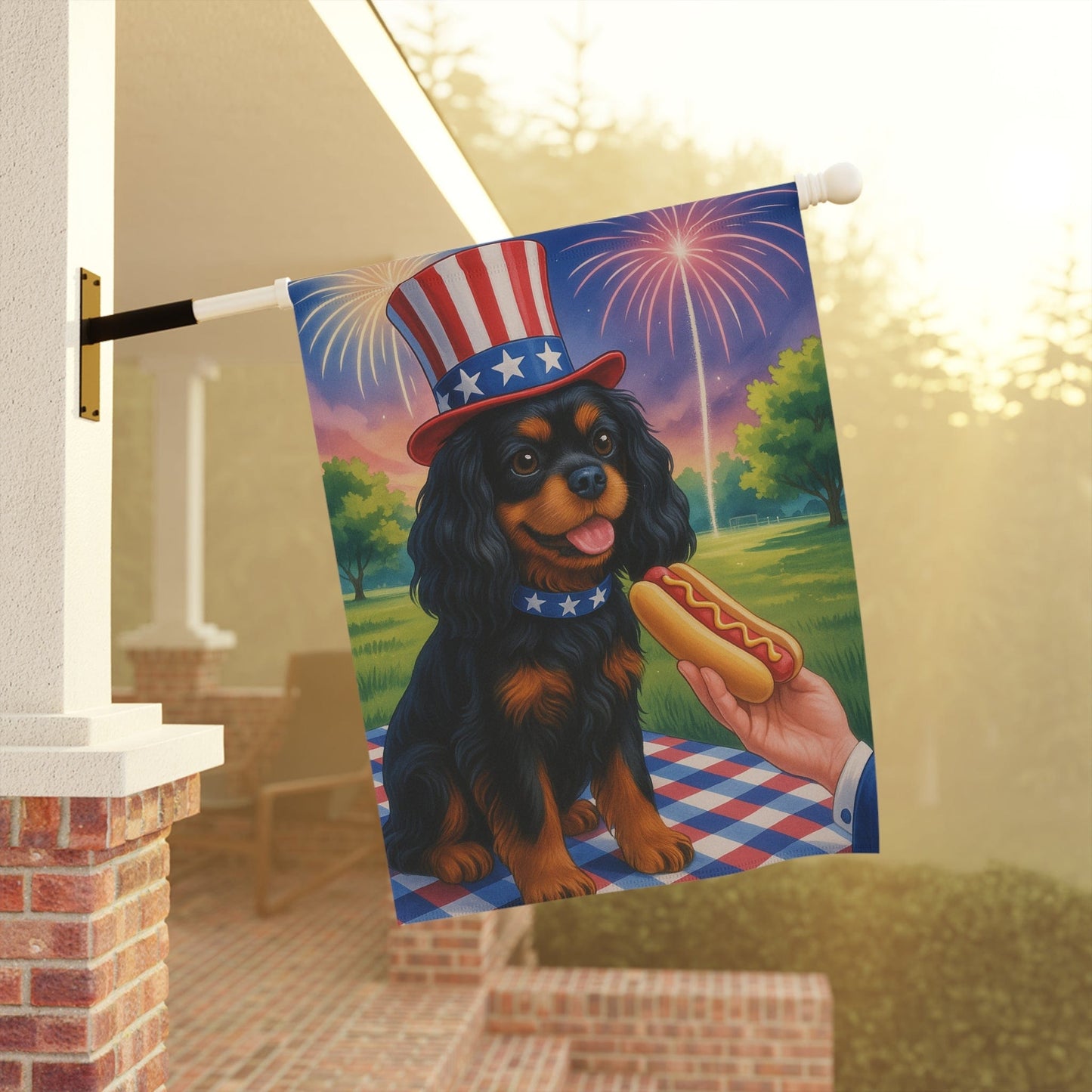 Printify Garden Flag Black Tan King Charles Cavalier 4th of July Garden Flag