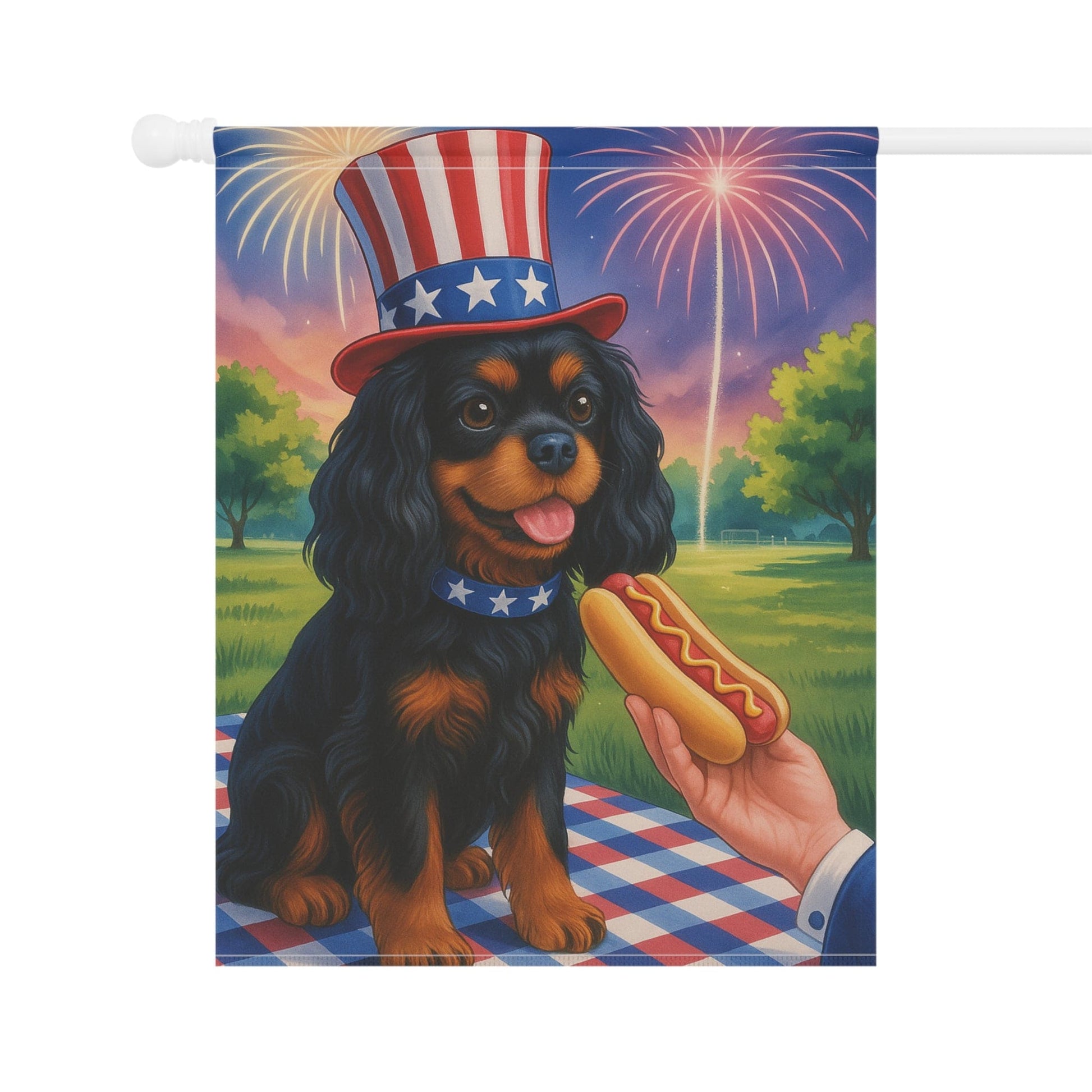 Printify Garden Flag Black Tan King Charles Cavalier 4th of July Garden Flag