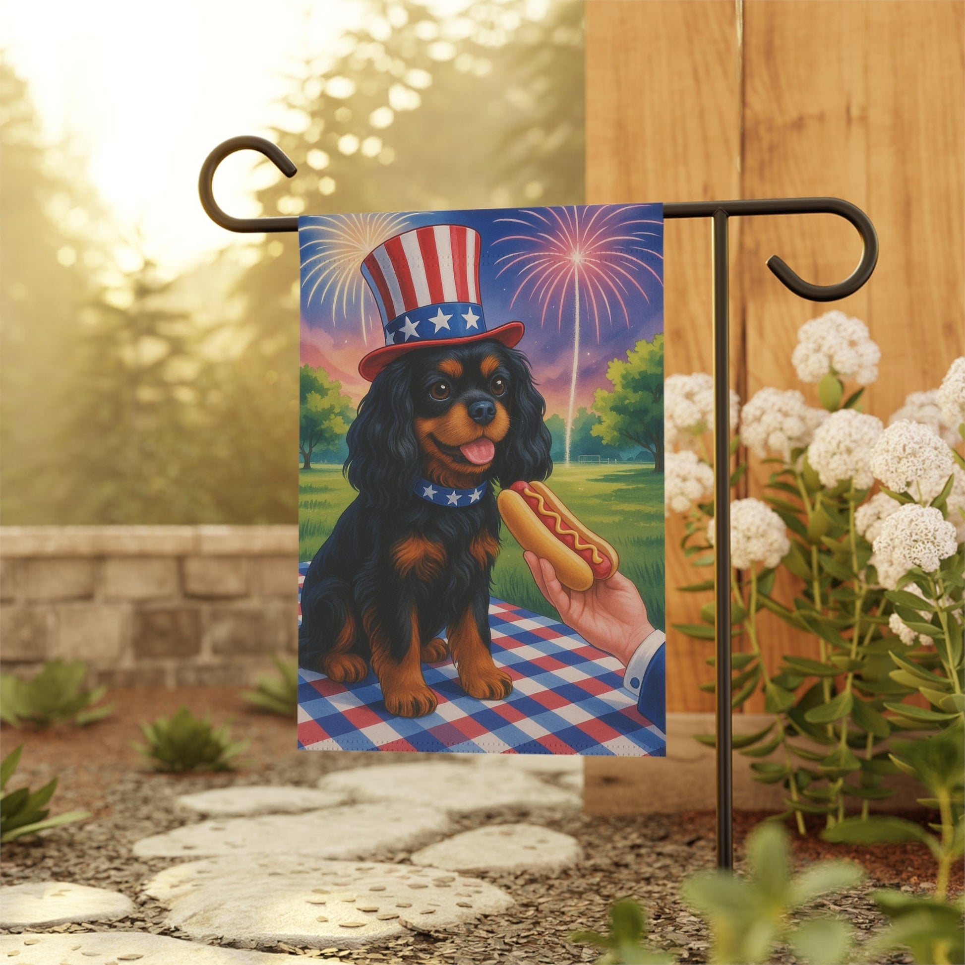 Printify Garden Flag Black Tan King Charles Cavalier 4th of July Garden Flag