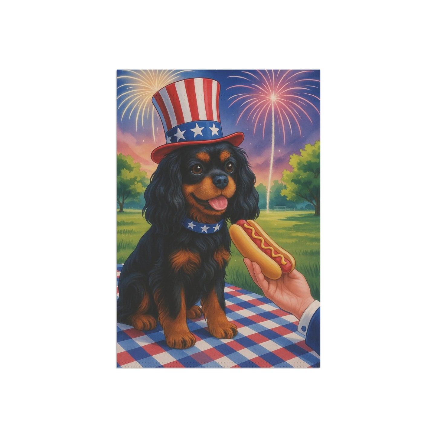 Printify Garden Flag Black Tan King Charles Cavalier 4th of July Garden Flag